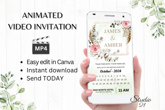 Boho Wedding Invitation W8122B: Effortless Animated Evites